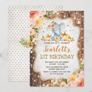 Pumpkin Elephant Birthday Party Fall Autumn Floral Invitation