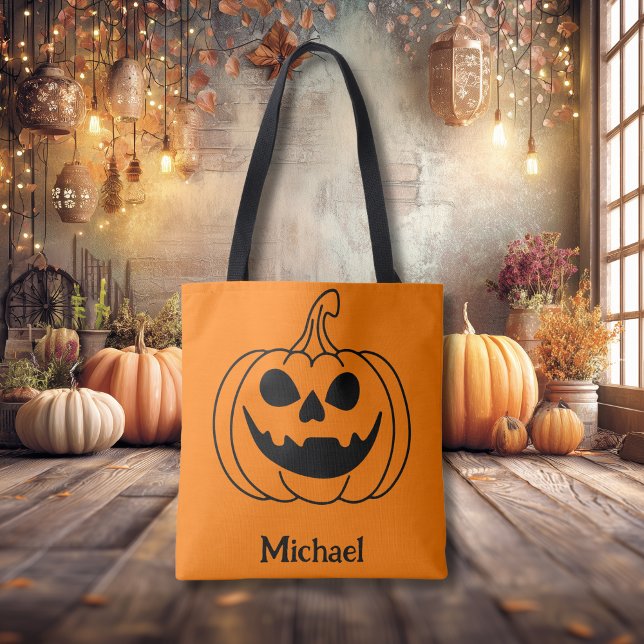 Pumpkin Face Jack O Lantern With Name Tote Bag (Creator Uploaded)