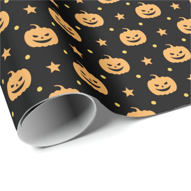 Pumpkin Face Pattern Black Orange Halloween Party Wrapping Paper (Roll Corner)