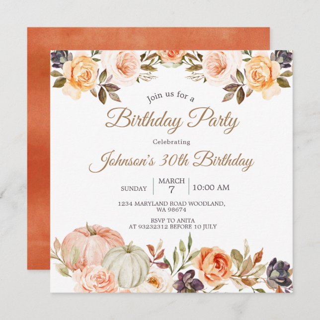 Pumpkin Fall 30th Birthday Party Rustic Floral Invitation (Front/Back)