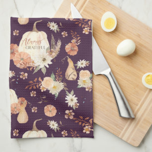 Pumpkin Fall Autumn Leaves BOHO Floral Watercolor Tea Towel