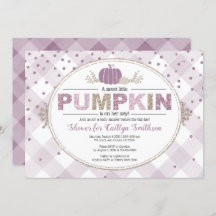 Pumpkin fall baby shower gingham confetti purple