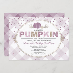 Pumpkin fall baby shower gingham confetti purple invitation