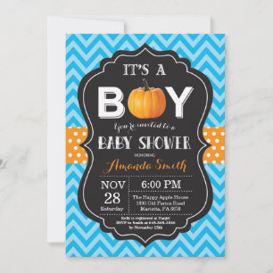Pumpkin Fall Baby Shower Invitation Blue Chevron