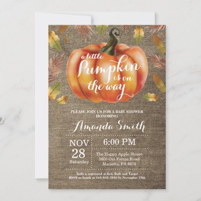 Pumpkin Fall Baby Shower Invitation Burlap (Front)