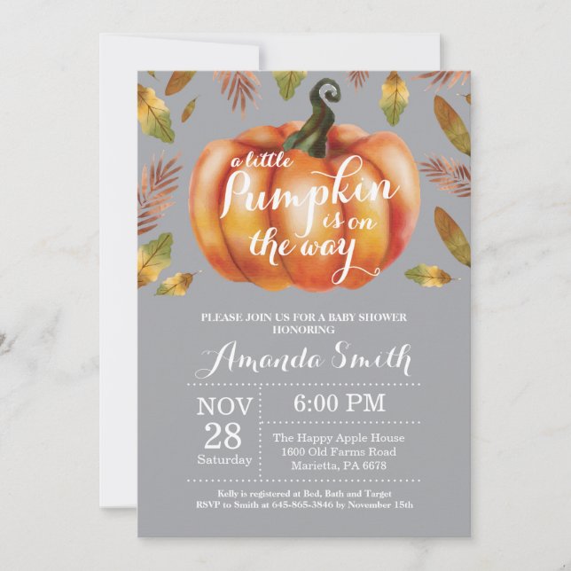 Pumpkin Fall Baby Shower Invitation Grey (Front)
