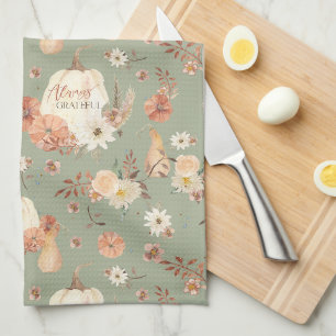 Pumpkin Fall BOHO Floral Autumn Leaves Watercolor Tea Towel