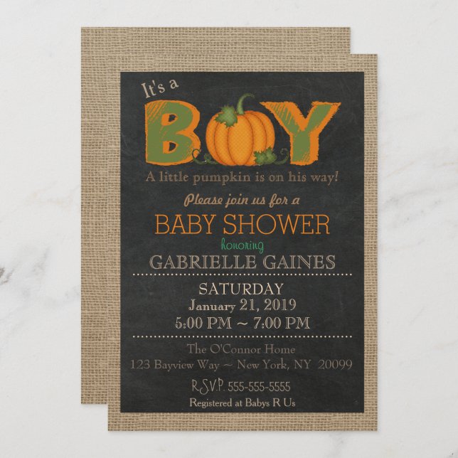 Pumpkin Fall Boy Baby Shower Country Invitation (Front/Back)