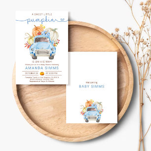 Pumpkin Fall Boy Baby Shower Invitation Blue Truck