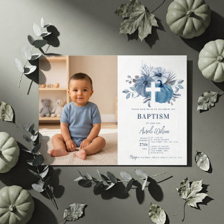 Pumpkin Fall Boy Baptism Dusty Blue Photo Invitation