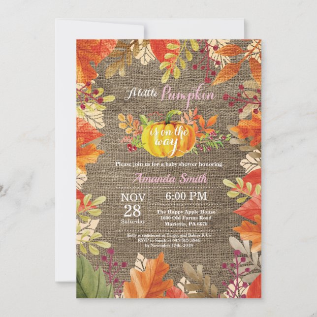 Pumpkin Fall Burlap Girl Baby Shower Invitation (Front)