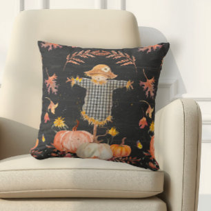 Pumpkin Fall Cute Scarecrow Autumn Leaves Black Cushion