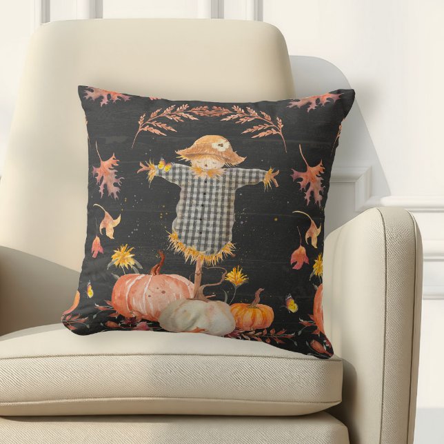 Pumpkin Fall Cute Scarecrow Autumn Leaves Black Cushion (Creator Uploaded)