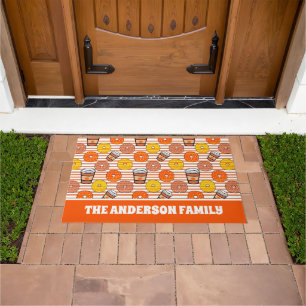 Pumpkin Fall Doughnuts & Coffee Orange Stripes Doormat