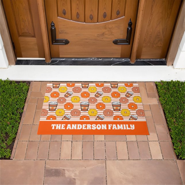 Pumpkin Fall Doughnuts & Coffee Orange Stripes Doormat (Outdoor)