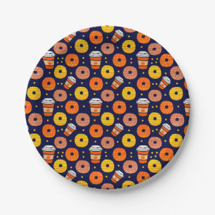 Pumpkin Fall Doughnuts & Coffee Thanksgiving Blue Paper Plate