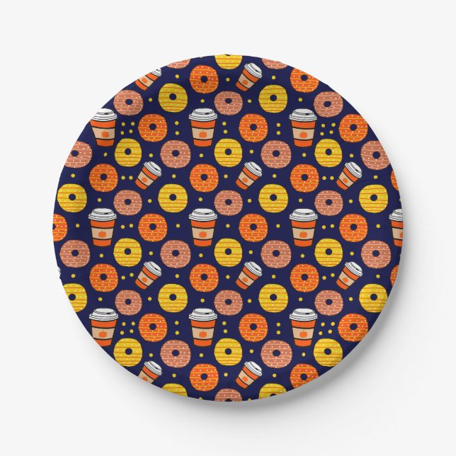 Pumpkin Fall Doughnuts & Coffee Thanksgiving Blue Paper Plate (Front)