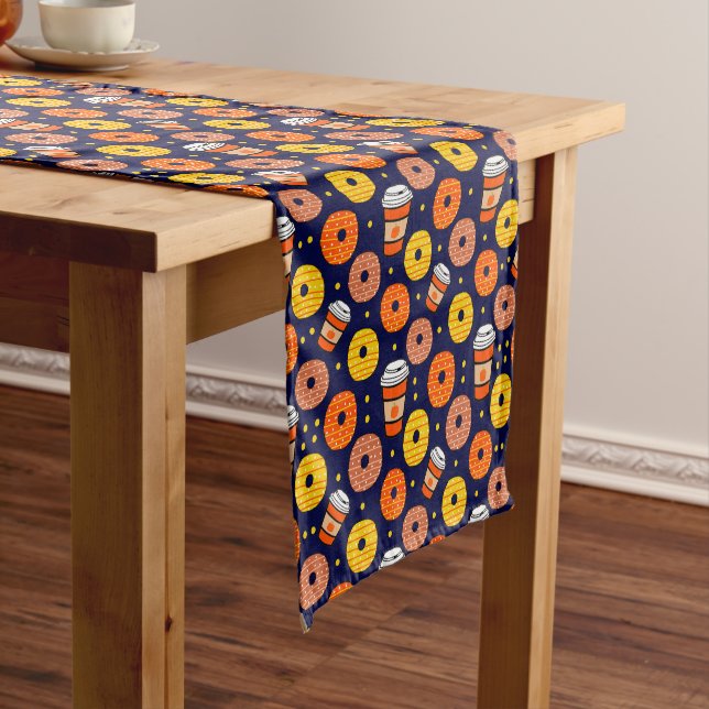 Pumpkin Fall Doughnuts & Coffee Thanksgiving Blue Short Table Runner (In Situ)