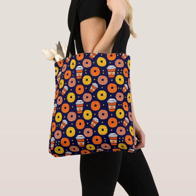 Pumpkin Fall Doughnuts & Coffee Thanksgiving Blue Tote Bag (Close Up)