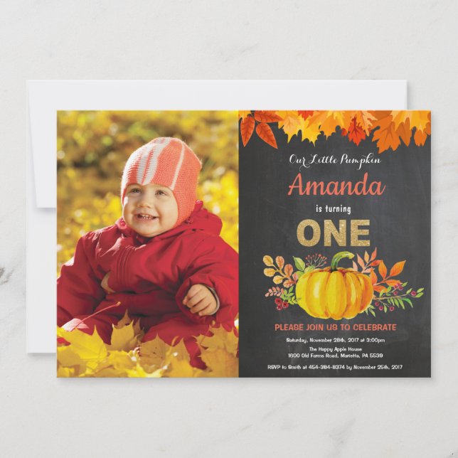 Pumpkin Fall First Birthday Gold Chalkboard Invitation (Front)