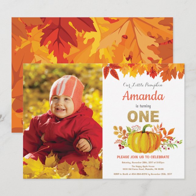 Pumpkin Fall First Birthday Gold Glitter Invitation (Front/Back)