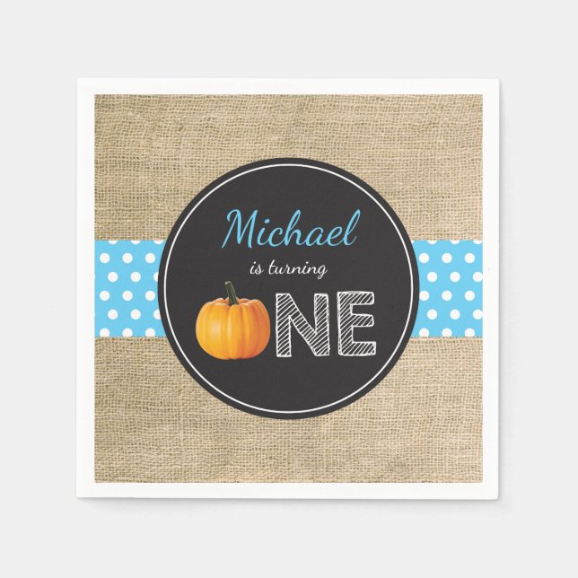 Pumpkin Fall First Birthday Party Blue Napkin (Front)