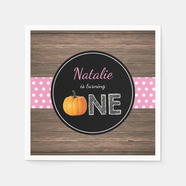 Pumpkin Fall First Birthday Party Pink Napkin (Front)