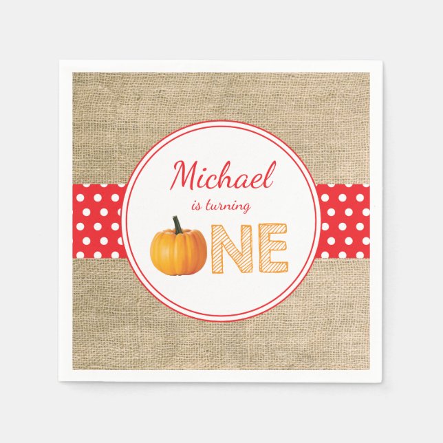 Pumpkin Fall First Birthday Party Red Burlap Napkin (Front)