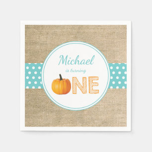 Pumpkin Fall First Birthday Party Teal Burlap Napkin
