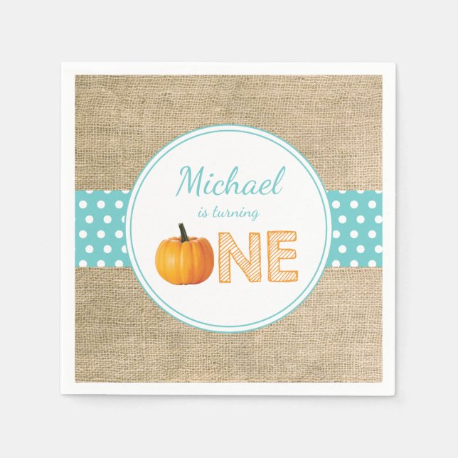 Pumpkin Fall First Birthday Party Teal Burlap Napkin (Front)