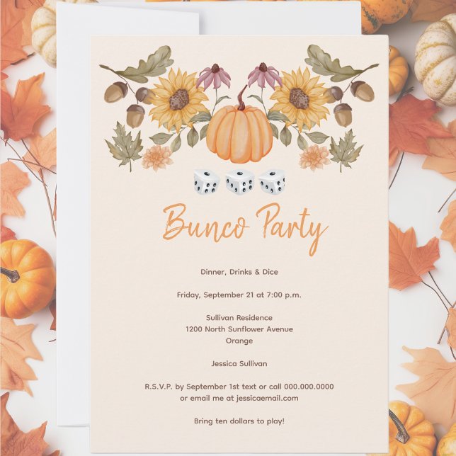 Pumpkin Fall Floral Autumn Dice Bunco Party Invitation (Fall September, October or November Bunco party invitation. Sunflowers with pumpkins. )