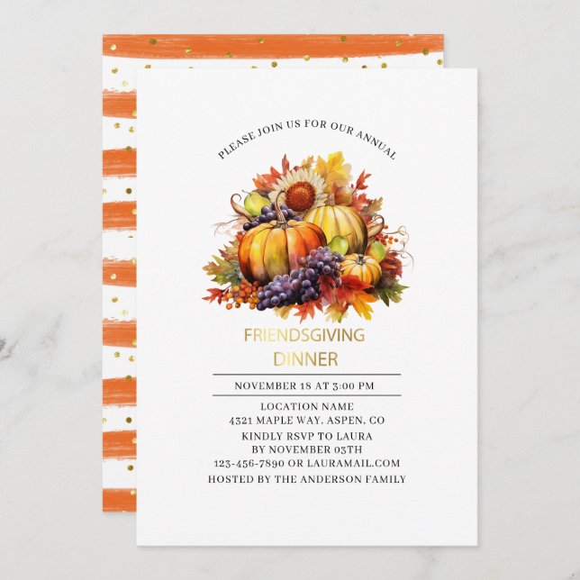 Pumpkin Fall Friendsgiving dinner watercolor Invitation (Front/Back)