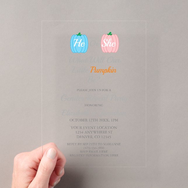 Pumpkin Fall Gender Reveal Acrylic Invitations (Insitu (Handheld))