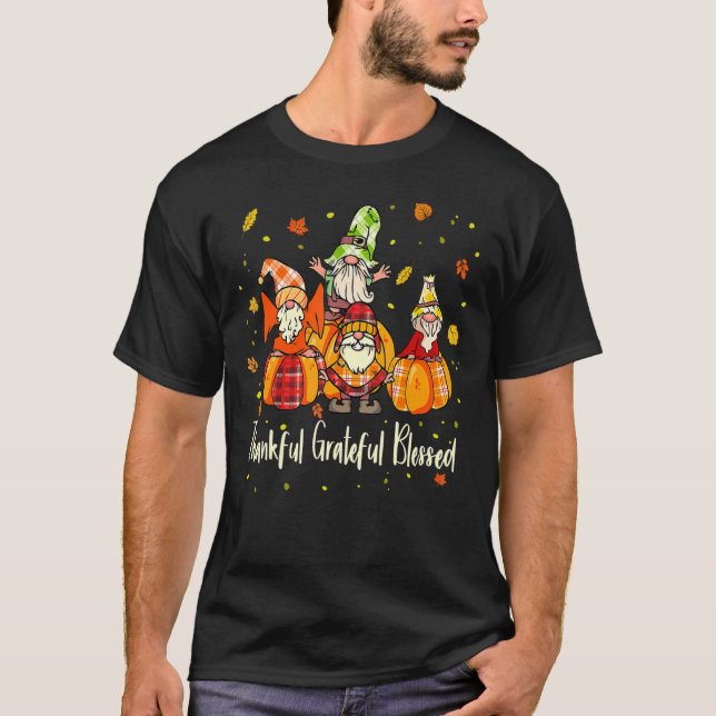 Pumpkin Fall Gnome Leopard Thankful Grateful Bless T-Shirt (Front)