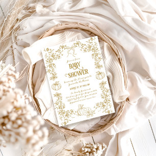 Pumpkin Fall Gold Whimsical Floral Baby Shower Invitation