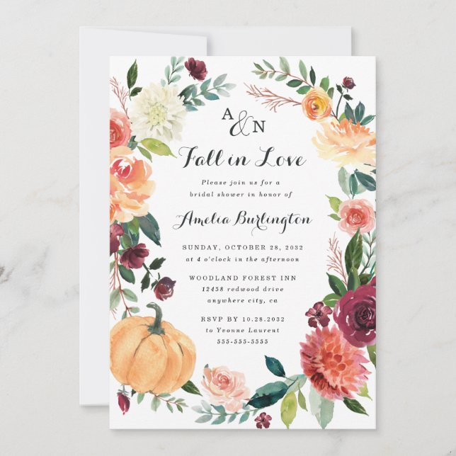 Pumpkin Fall in Love Autumn Floral Bridal Shower Invitation (Front)