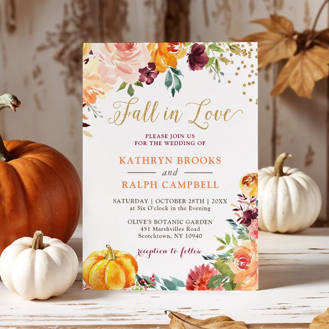 Pumpkin Fall in Love Botanical Floral Gold Wedding Invitation (Creator Uploaded)