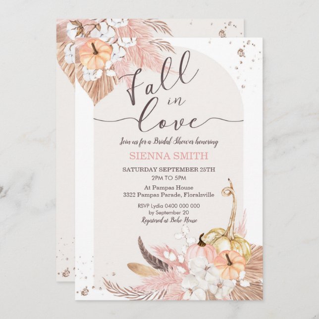 Pumpkin Fall in Love Bridal Shower Invitation Boho (Front/Back)