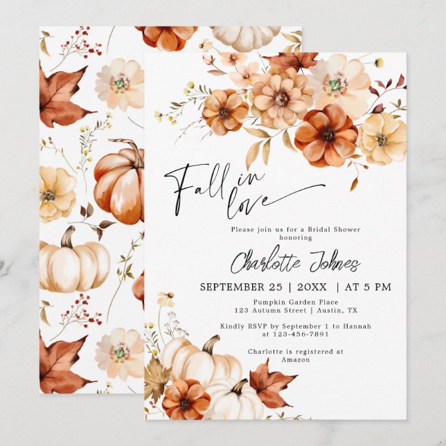 Pumpkin Fall In Love Cream Rust Bridal Shower Invitation (Front/Back)
