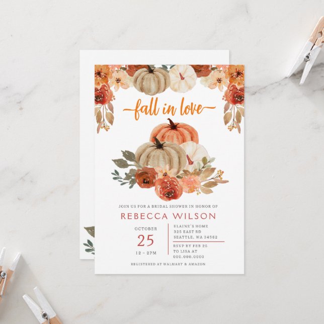 Pumpkin Fall In Love Fall Bridal Shower Invitation (Front/Back In Situ)