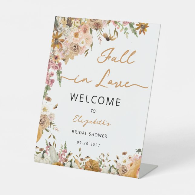 Pumpkin Fall in Love Fall Floral Bridal Shower Pedestal Sign (Front)