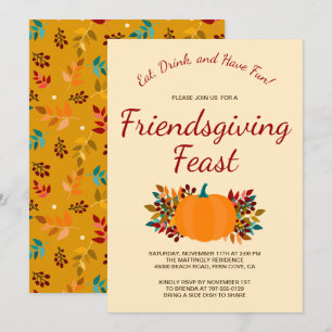 Pumpkin Fall Leaves Colourful Gold Friendsgiving Invitation