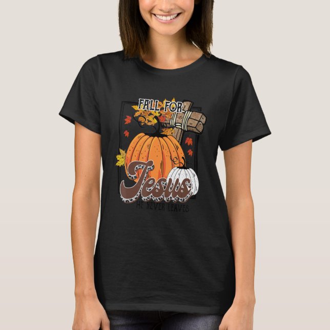 Pumpkin Fall Leaves Cross Christian Saying Religio T-Shirt (Front)
