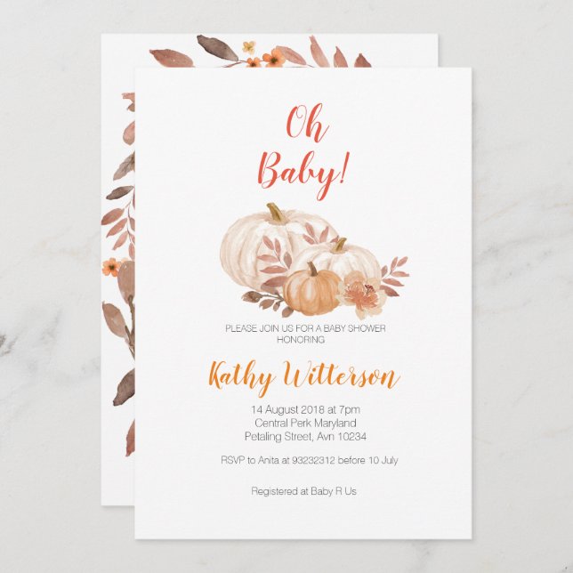 Pumpkin Fall oh baby shower invitation (Front/Back)