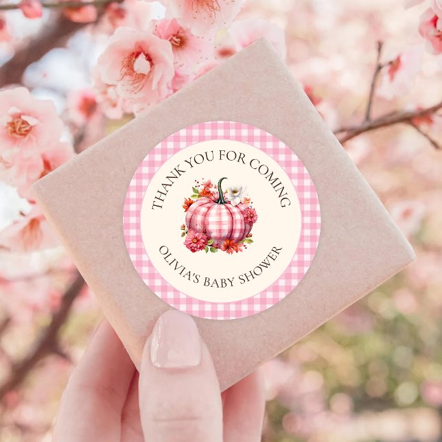 Pumpkin Fall Pink Plaid Baby Shower Classic Round Sticker (Creator Uploaded)