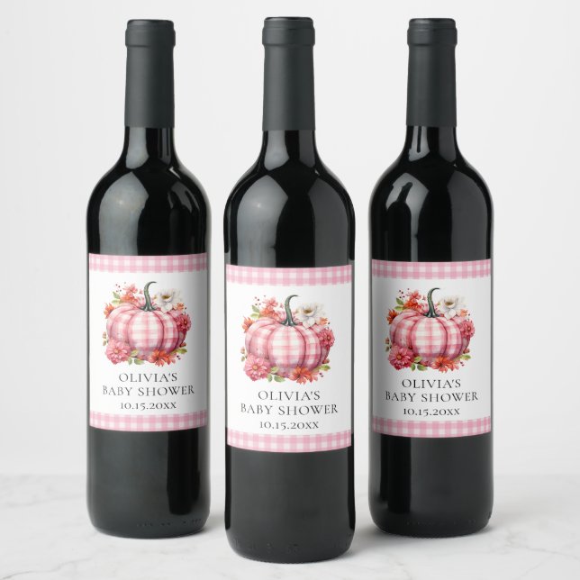 Pumpkin Fall Pink Plaid Baby Shower Wine Label (Bottles)