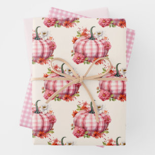 Pumpkin Fall Pink Plaid Baby Shower Wrapping Paper Sheet