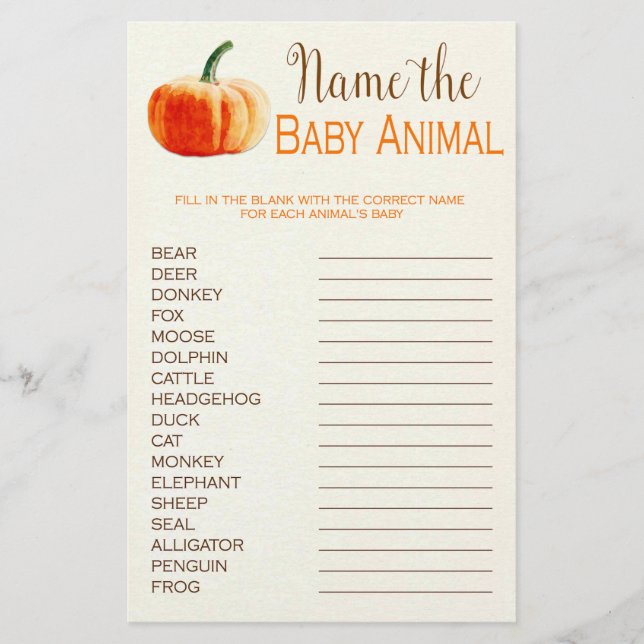 Pumpkin Fall Rustic Baby Animal Baby Shower Game Flyer (Front)