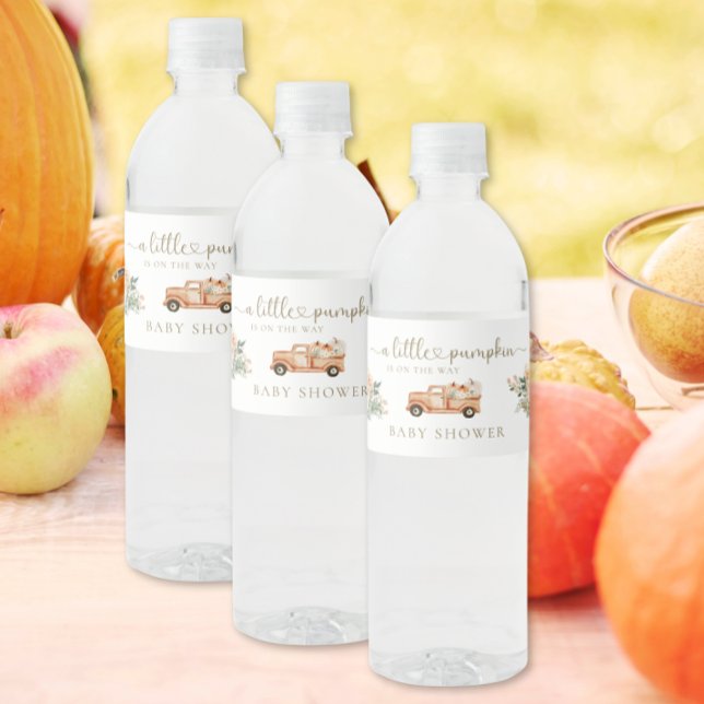 Pumpkin  Fall Truck Orange Neutral Baby Shower Water Bottle Label (Creator Uploaded)