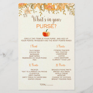 Pumpkin Fall What's in Your Purse Baby Shower Game Flyer
